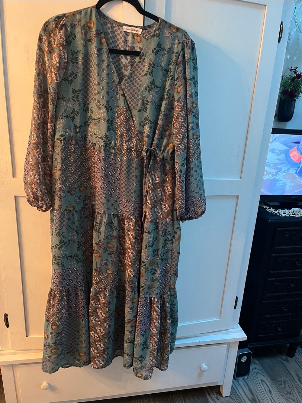 Tie-Waist Floral Midi Dress in Sage Green